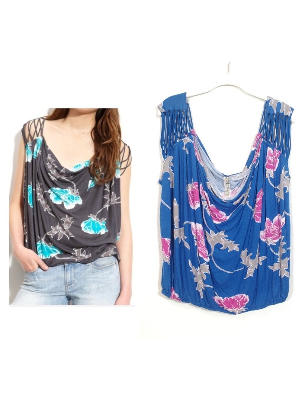 Free People Blue Boho Tropical Floral Oversize Drapey Cowl Neck Top S Hawaii